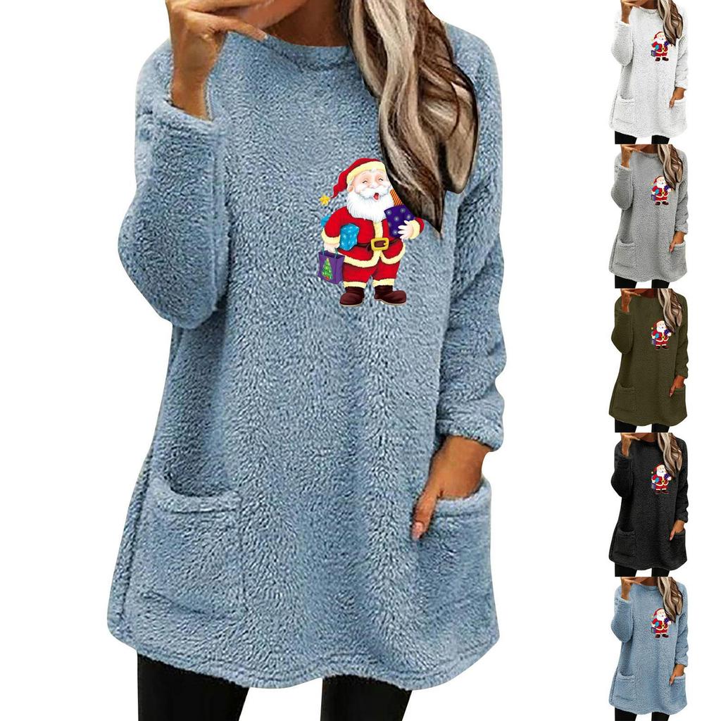 2023 Autumn Winter Loose Fit Santa Print Fleece Sweatshirt with Pockets
