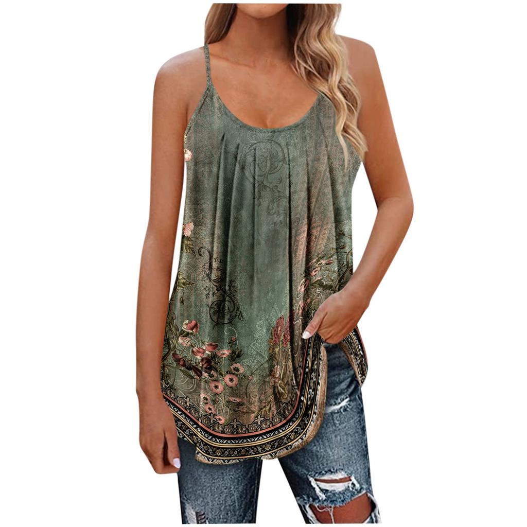Women's Summer Sexy Sleeveless Spaghetti Strap T-shirt Printed Tops