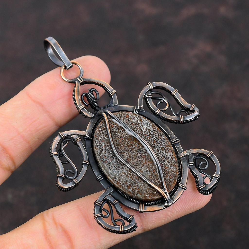 Подвеска из кости динозавра, обернутая медной проволокой, подвеска в виде черепахи, ювелирные изделия из кости динозавра из меди, кулон ручной работы, драгоценные камни для подарков