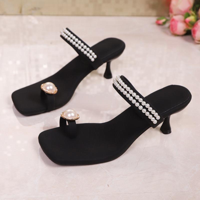 Fashion Fashion Pearl Slip-on Flip-flops Summer New Square Toe Open Toe Beaded Thin Strap Non-slip Wear-resistant Stiletto Shoes