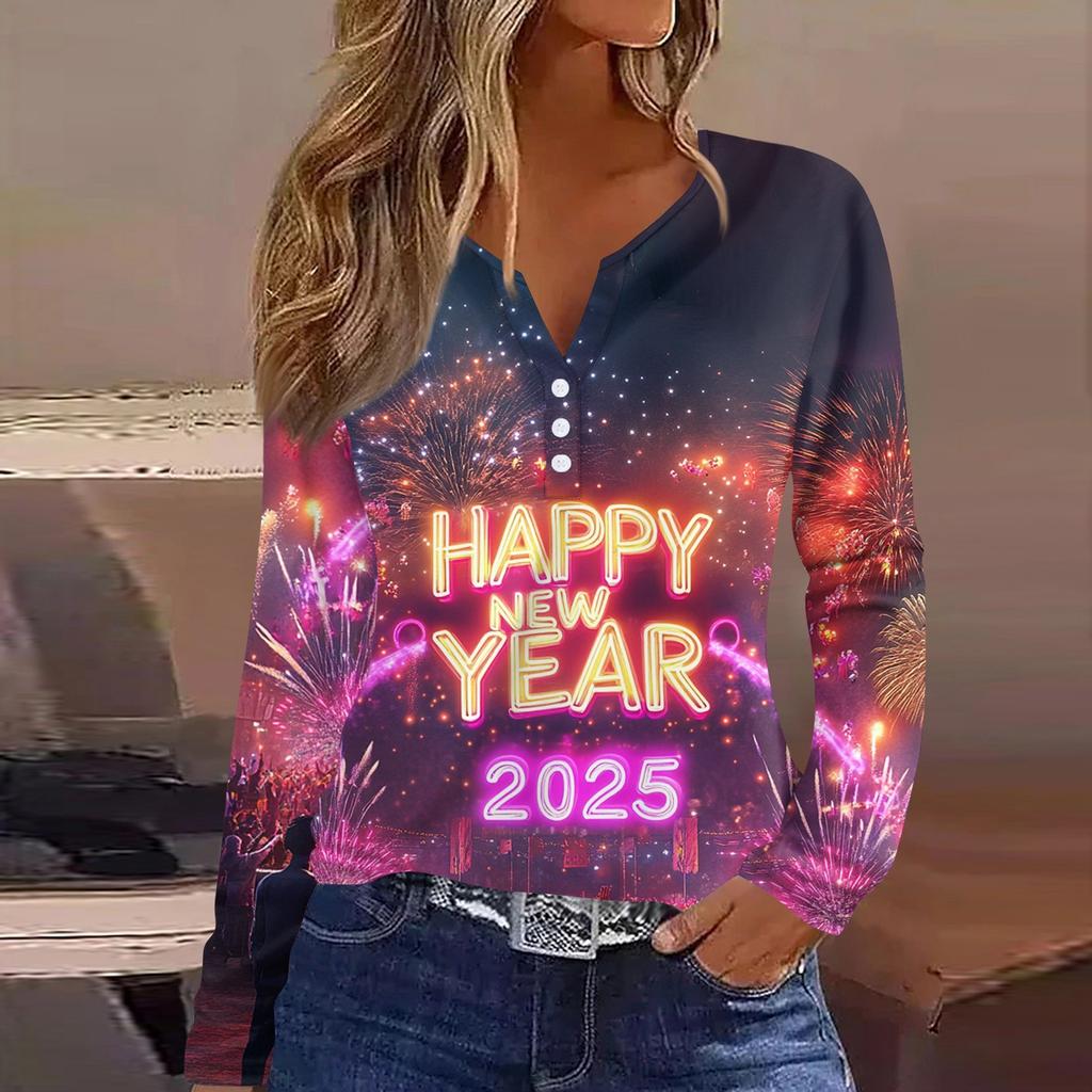 Жен. Футболка Футболка С принтом Пуговицы Длинный рукав Повседневные Выходные Мода Классический V-образный вырез Обычный Верх