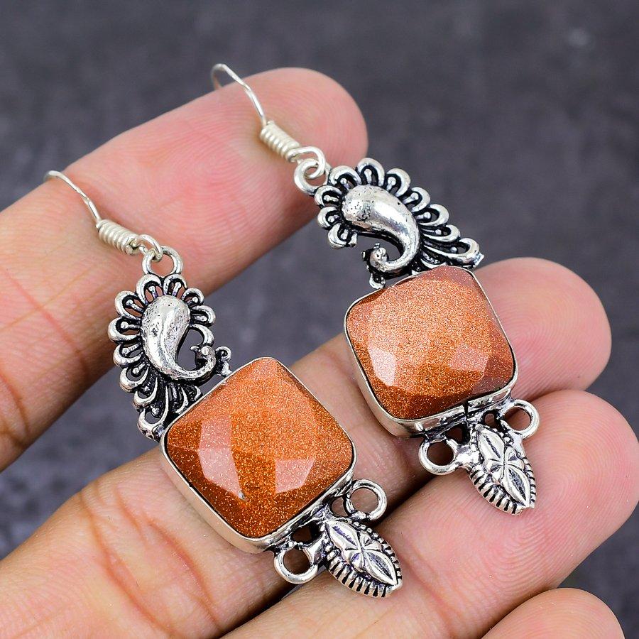 Серьги ручной работы из стерлингового серебра 925 пробы с натуральным красным солнечным камнем 2,36 дюйма z0M15