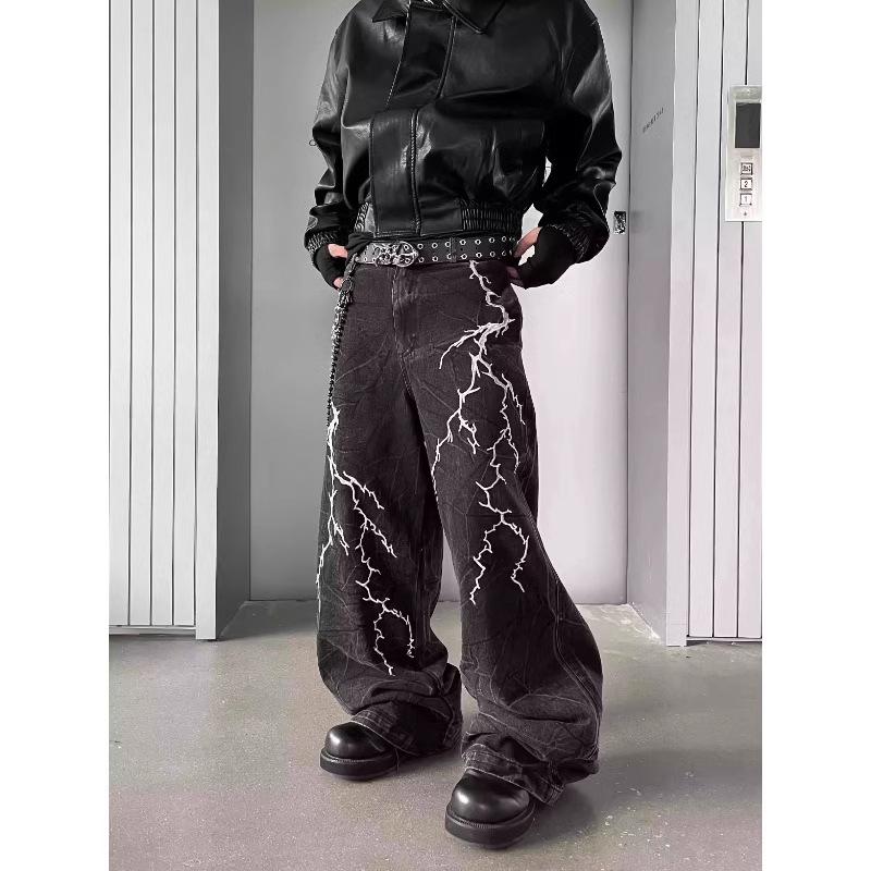 Американский High Street Стиль Yabi Вышивка Шипами Молнией Джинсы Wide-Leg для Мужчин Нишевый Хип-Хоп Свободные Прямые Расклешенные Брюки