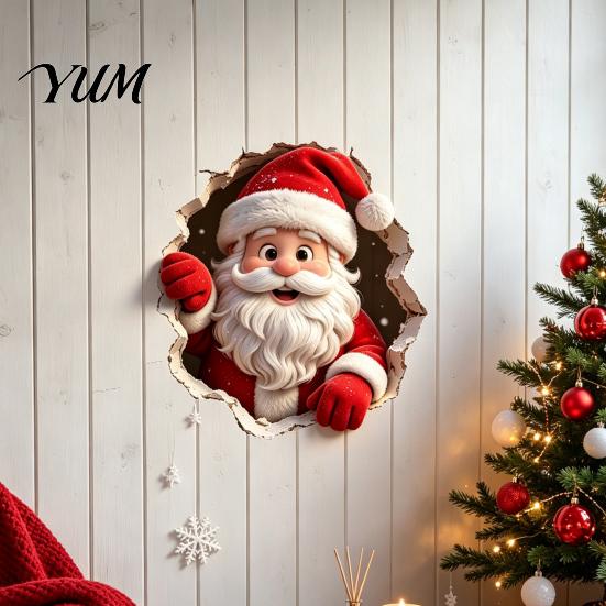 Self Adhesive Christmas Decorations 3D Santa Claus Wall Stickers, PVC Decals with Realistic Breaking Holiday Stickers for Cabinets Effect, Peel