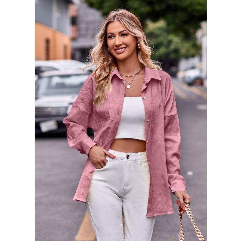 Spring and Autumn Women's Casual Fashion Bubble Check Loose Plaid Shirt Top