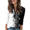 Women's Fashionable Casual 3/4 Sleeve Button Print V-Neck Pullover Top