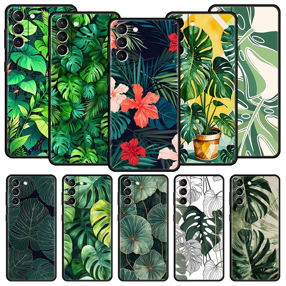 Чехол для телефона Monstera Green с листьями для Samsung Galaxy S26 Ultra S25 Plus S24 FE S23 S22 5G S21 S20 Черный Мягкий