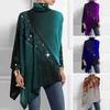 Women Spring Fall Top High Collar Long Sleeve Irregular Hem Sequin Colorblock Mid Length Pullover Lady Commute Blouse