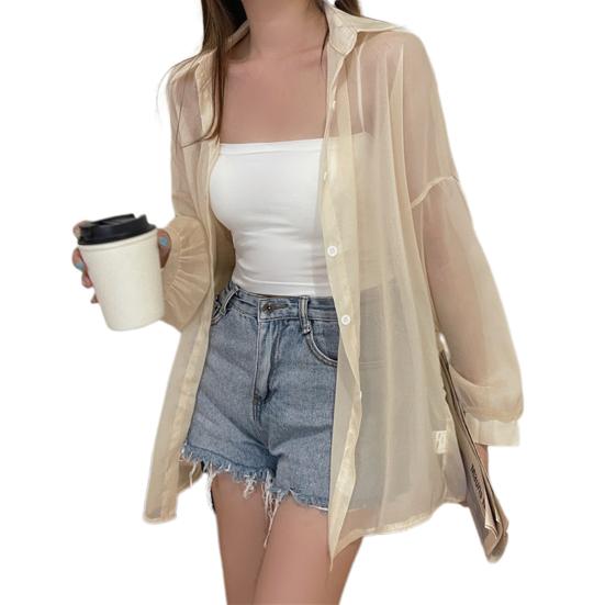 Summer Sun Protection Shirt Lapel Long Sleeve Button Down Shirt Pearlescent Chiffon Sunscreen Jacket Cover-up Outerwear