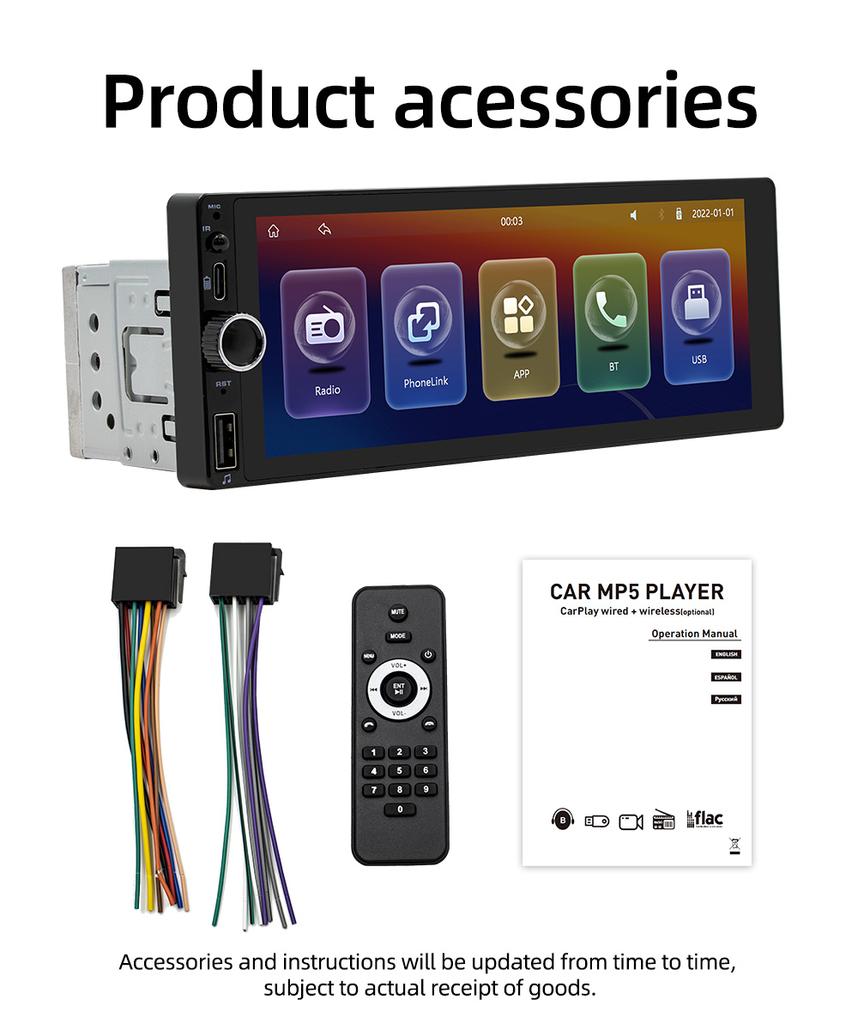 1din 6.86" HD Car Radio Multimedia Carplay Touch Screen Mirror Link Stereo Bluetooth USB FM Camera MP5 Player