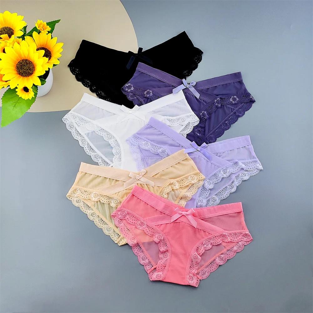 3 шт. Женское сетчатое нижнее белье с низкой посадкой, кружевными оборками, милые женские перспективные сексуальные трусы, удобные трусики