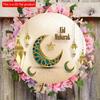 2D Flat 20*20cm1pc Eid Mubarak Green Moon and Lanterns Patterns Wonderful Round Wooden Pendant, Gold Simple Style Celebrate Ramadan Ceiling Hanging