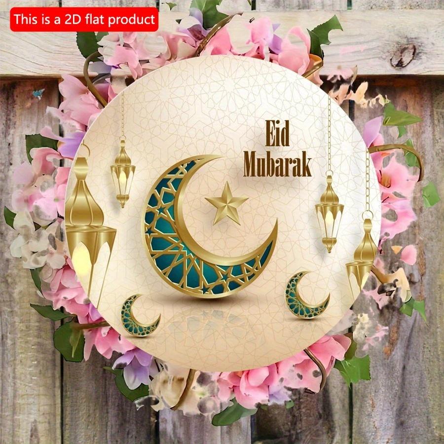 2D Flat 20*20cm1pc Eid Mubarak Green Moon and Lanterns Patterns Wonderful Round Wooden Pendant, Gold Simple Style Celebrate Ramadan Ceiling Hanging