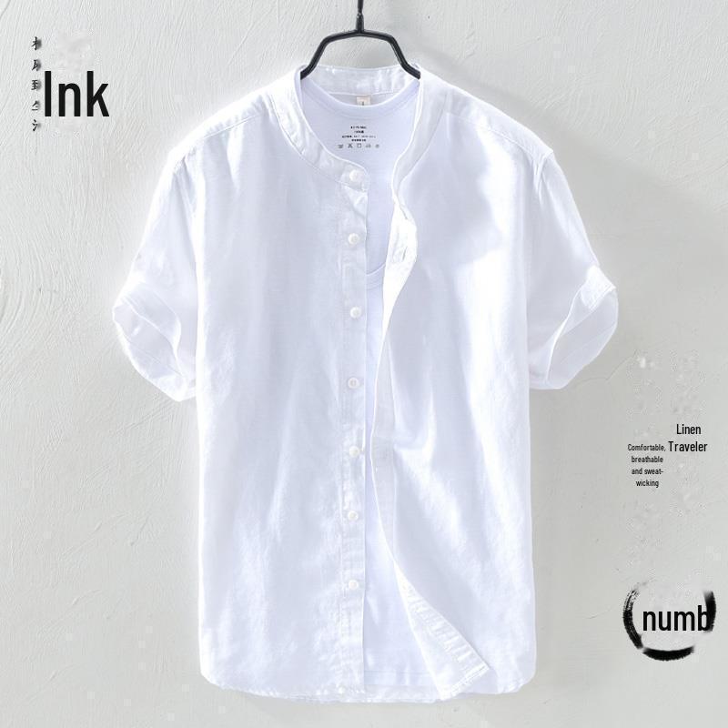 Мужская повседневная льняная рубашка с коротким рукавом - свободный, легкий летний топ
