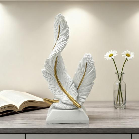 Artistic Feather Statue Modern Green White Feather Shape Resin Figurine Sculpture Home Office Desktop Decoration Ornament