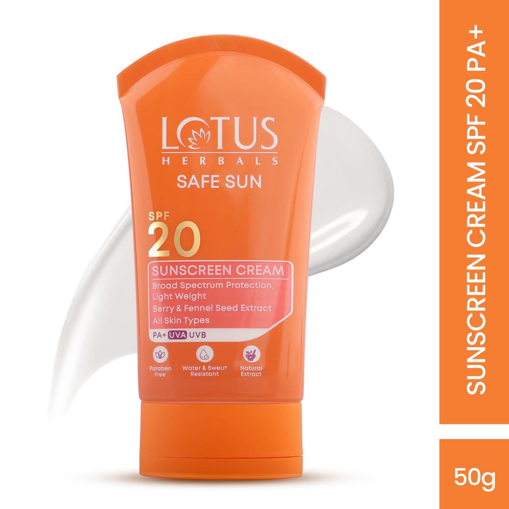 Лотус Хербалс Солнцезащитный крем Safe Sun SPF 20 | Широкий спектр защиты UVA/UVB | Легкая текстура, нежирный | Для всех типов кожи | 50 г