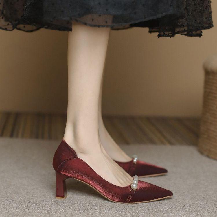 Весна и осень 2024 года, новые остроносые туфли с жемчужным узором, однотонные туфли для женщин, профессиональные туфли на высоком каблуке для женщин