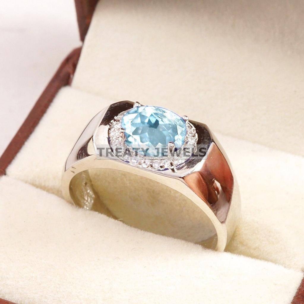 Aquamarine Oval Cut Gemstone With 925 Sterling Silver Ring For Men's #A757 JL375659103156