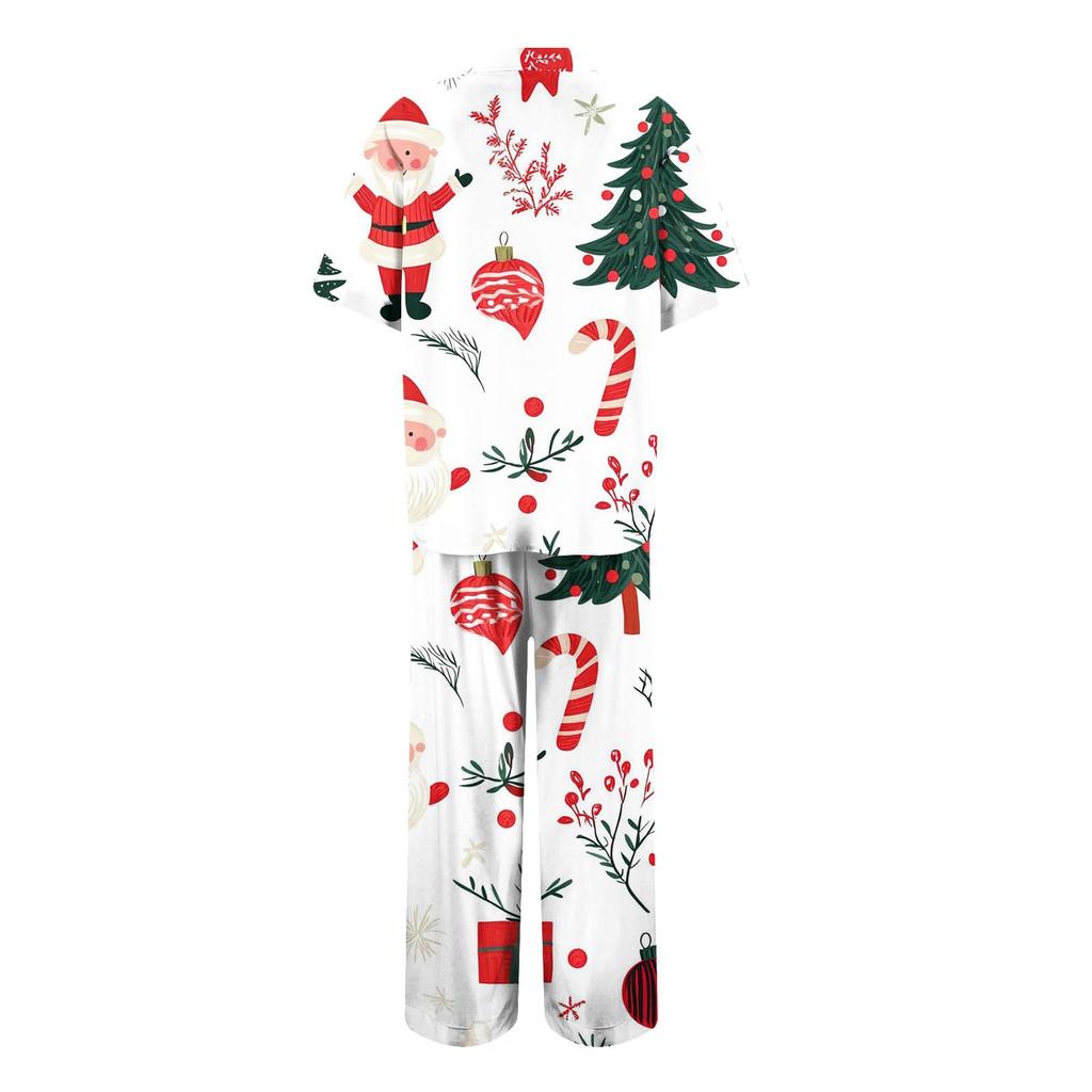 Женский рождественский пижамный комплект с принтом, женские короткие рукава, длинные брюки, комплект из двух предметов, застегивающийся на пуговицы, домашняя одежда