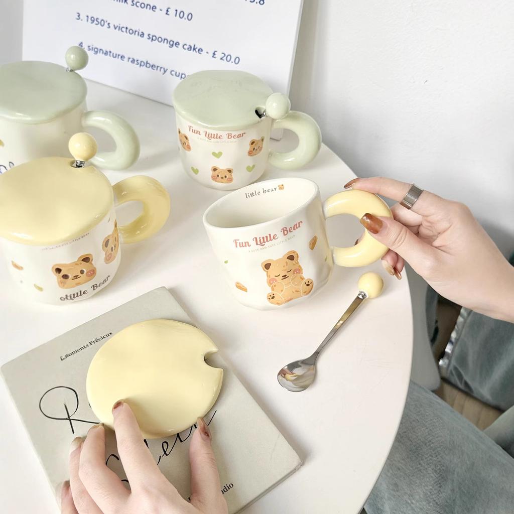 Cartoon Butter Bear Cup Couple Ceramic Cup Girls High Looking Mug with Lid Spoon Home Office Water Cup