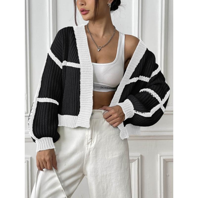 Women S Color Block Knit Cardigan Sweater Loose Fit V Neck Long Sleeve