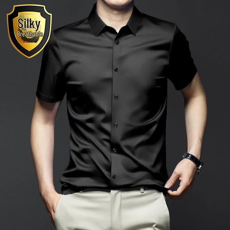 Men's Slim Fit Long Sleeve Korean Style Casual Shirt - Black/White, Non-Iron, High-End Trendy Design