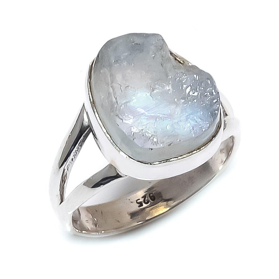 Кольцо из цельного стерлингового серебра 925 пробы с натуральным камнем Лунный камень с радужным сиянием, размер 6.5 o0f36