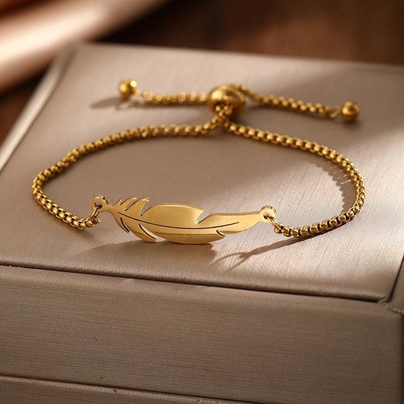 Stainless Steel Feather Pendant Bracelet for Women Men Punk Hip Hop Metal Ball Widen Chain Adjustable Hand Chain Fashion Zircon