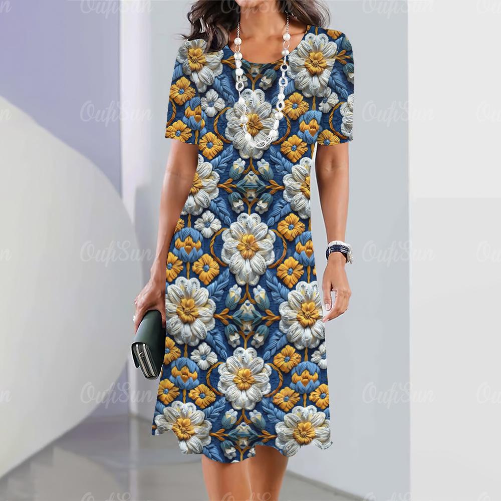 New Women's Dresses Flower Printed Summer Vacation Elegant Dress Feamle Short Sleeve Dresses Fashion Oversized Clothes