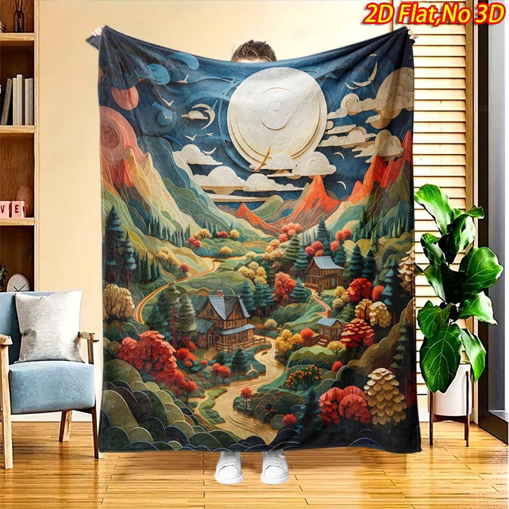 1pc 1pcs Mountain Autumn Scenery Blanket Suitable for All Seasons, Soft Flannel Throw Bedspread with Cozy Fall Foliage Print, Machine Washable Polyest