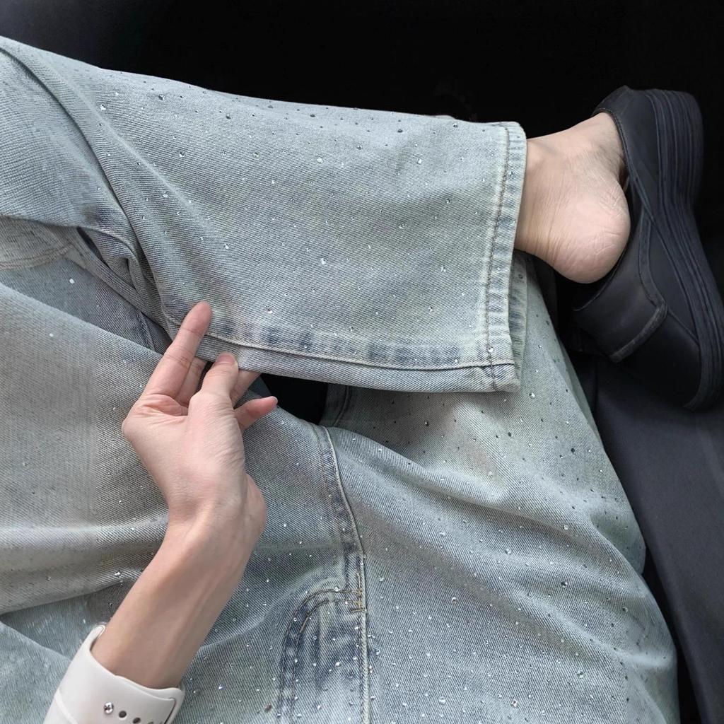 Women's Light Blue Slimming Wide-Leg Jeans with Hot Drill Design - Autumn 2025 Collection