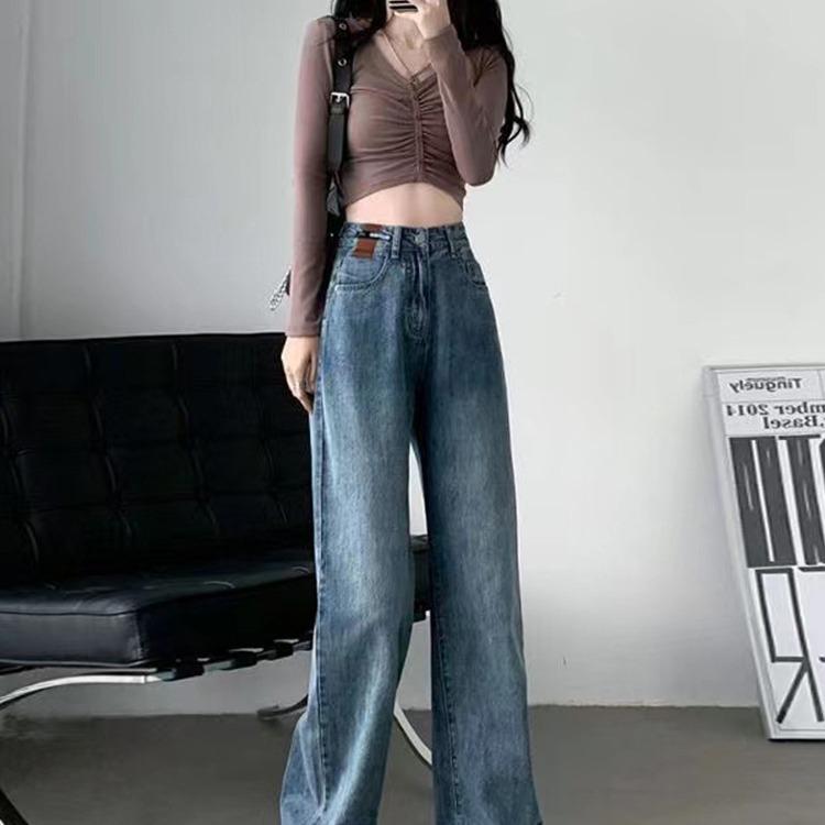 Retro blue wide-leg jeans women's autumn and winter new velvet high-waisted pear-shaped body straight loose floor pants