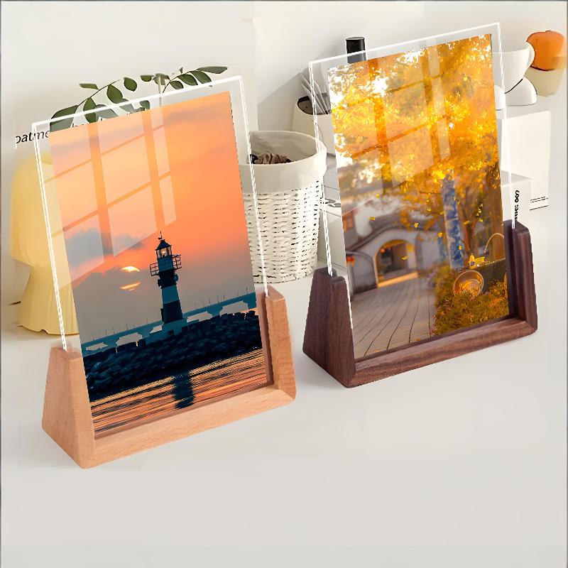 Modern U Shaped Acrylic Photo Frame Walnut/Beech Base Transparent Desktop Decor for Home Office Photo Display Gift