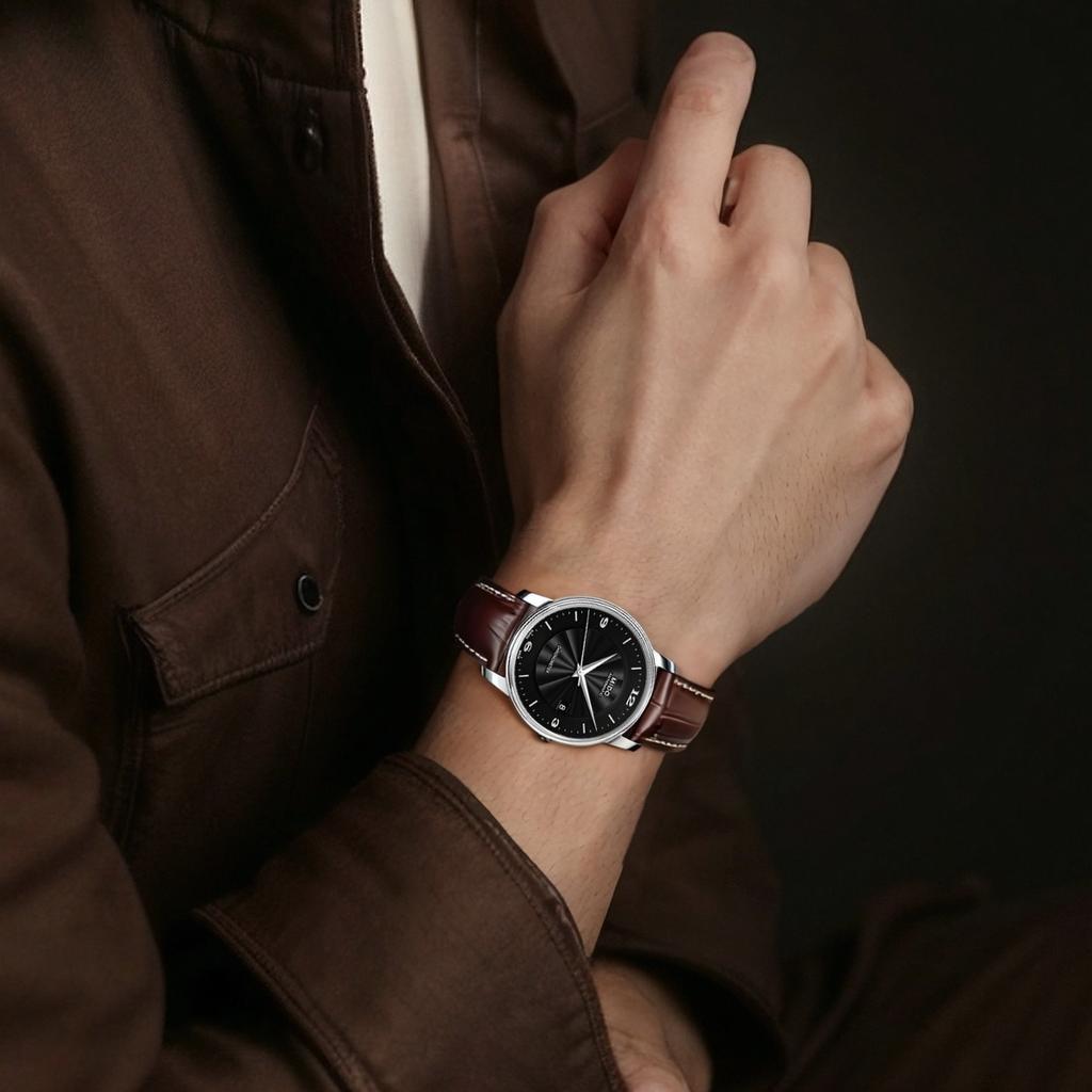Mido Belluna Automatic Mechanical Movement 50M Water Resistant Watch 39Mm Black Dial Stainless Steel Case Leather Strap Men watches M010.408.16.057.10