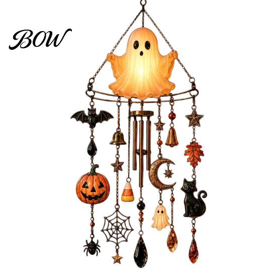 Healing Sound Wind Bell Halloween Luminous Ghost Chime, Glow-in-The-Dark Hanging Ornament with Pumpkin Bat Spooky Patio Decorations Spider Charms,