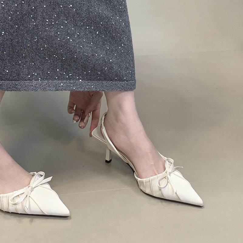 Нишевые босоножки на высоком каблуке, женственность, острый носок, плиссированный бант, туфли-одиночки