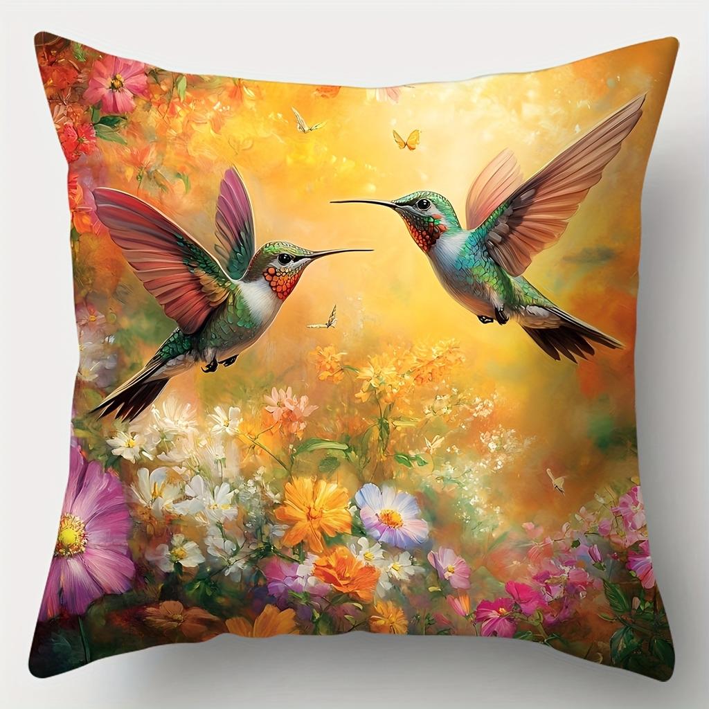 Hummingbird Flower Cluster Theme Single-Sided Printing Short Plush Suitable Living Rooms Bedrooms Sofas (Excluding Pillow Cores)