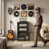 4-Tier Hi-Fi Stand, Record Player Stand with Adjustable Shelves and Push-to-Open Glass Doors, Black Wood-Effect
