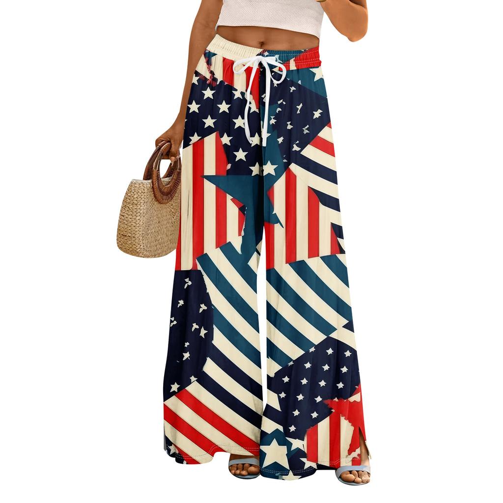Женские летние брюки-палаццо в стиле бохо с высокой талией, широкие повседневные брюки с принтом и карманами