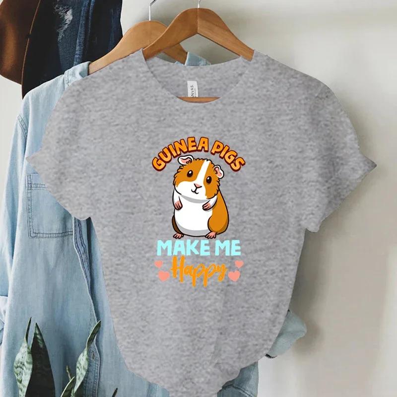 Women's Fashion T-shirt Graphic Lovely Graphic Guinea Pig Make Me Happy Printing for Girl Casual Oversized Short Sleeve Tshirts
