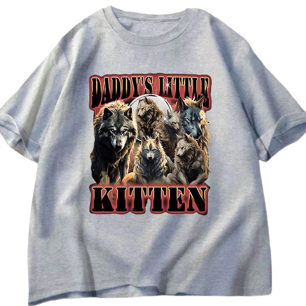Daddys Little Kitten Funny Wolf Meme Tshirt for Mens Casual Fashion Harajuku Oversized Pure Cotton Tshirt for Mens Tshirt
