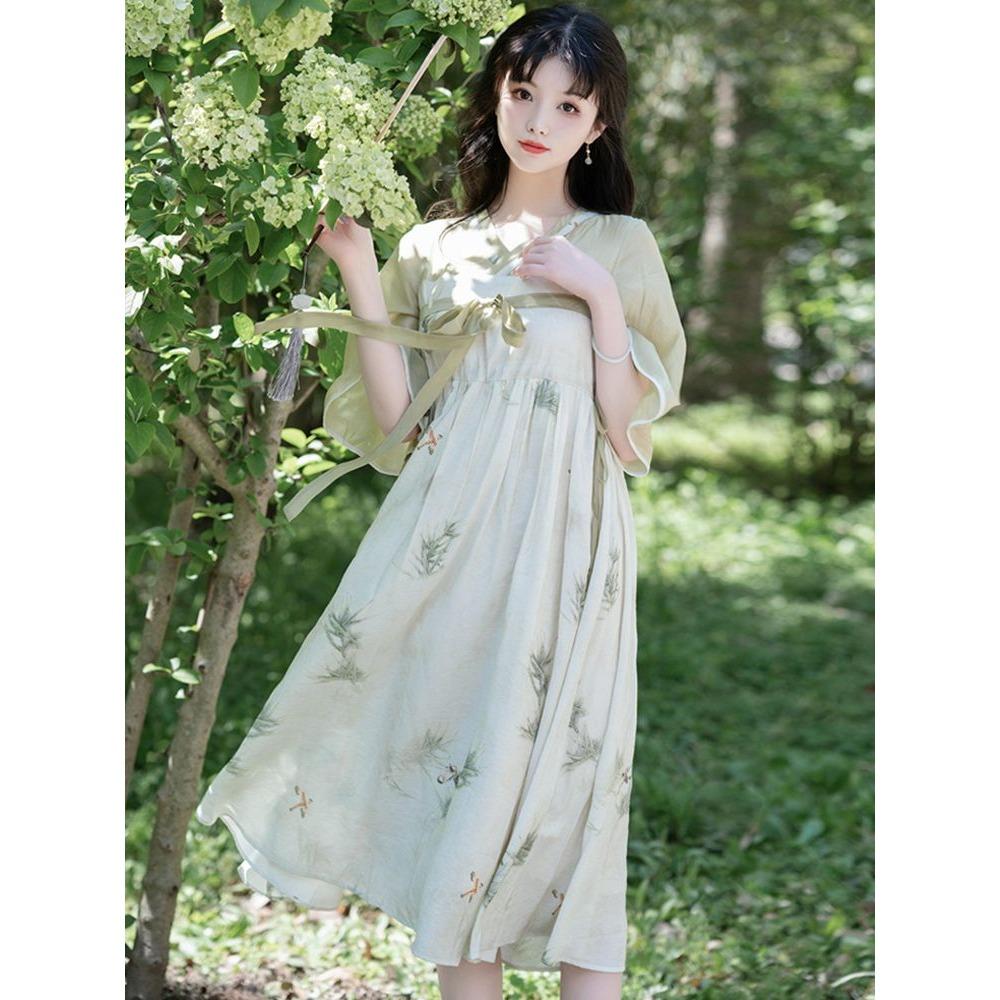 Летнее свежее художественное улучшение в китайском стиле Хань Элемент V-образным вырезом Фея Платье