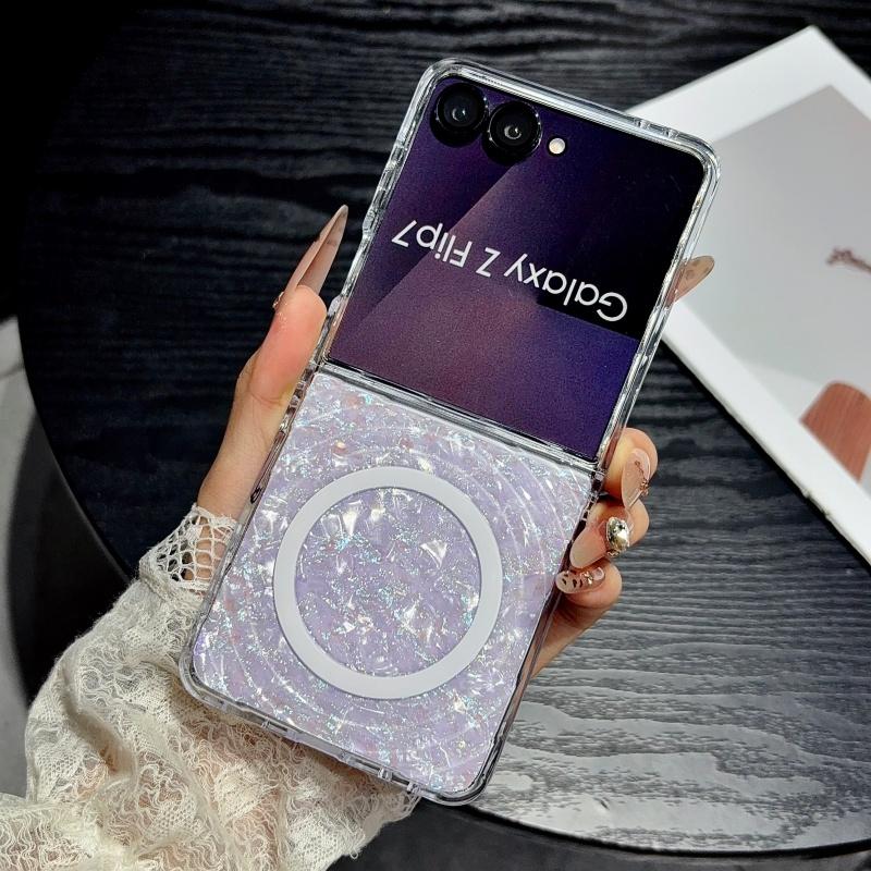 Korean Shell Water Ripple Texture Magnetic Phone Case For Samsung Galaxy Z Flip 8 7 6 5 Flip7 Cover with Magsafe Stand Cute Capa