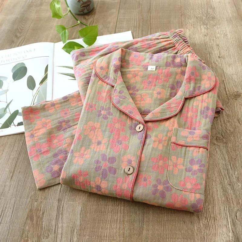 Новая весенне-летняя женская пижама, костюм с длинными рукавами, брюки, комплект из двух частей, 100% хлопок, креп, цветы, листья, домашняя одежда