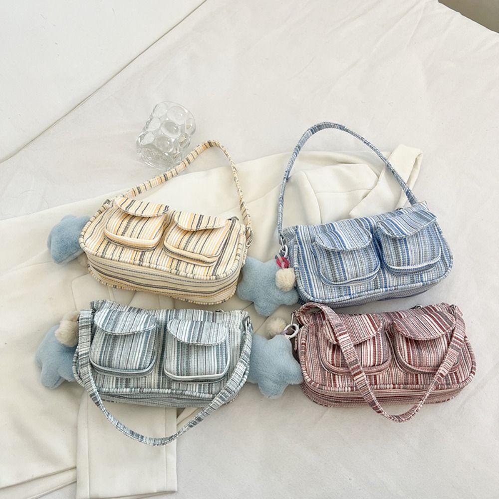 Designer Plaid Shoulder Bag Multi Pocket Women Handbag Korean Striped Armpit Bag Daily
