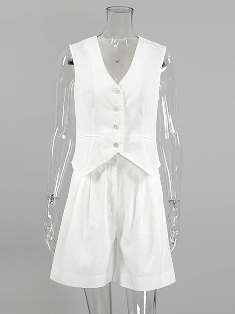Women Cotton Line Waistcoat Shorts Sets Elegant Sleeveless Single Breasted Top Two Piece Set Womens 2023 Summer Lady Outsuit
