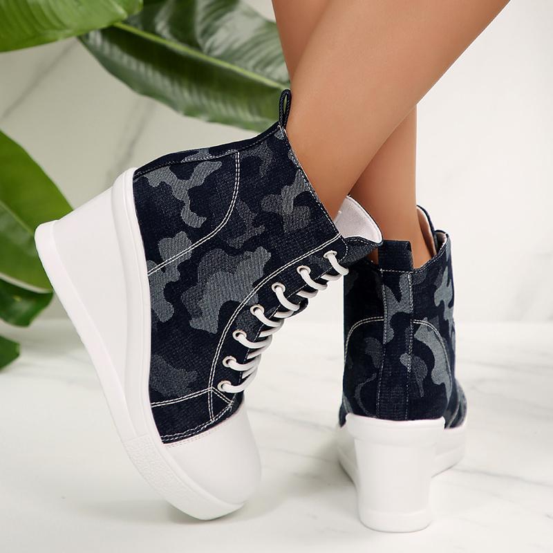Fashion Women's High Top Wedge Sneakers Fashion Blue Camouflage Canvas Shoes Woman Lightweight Lace Up Platform Ankle Boots for Women