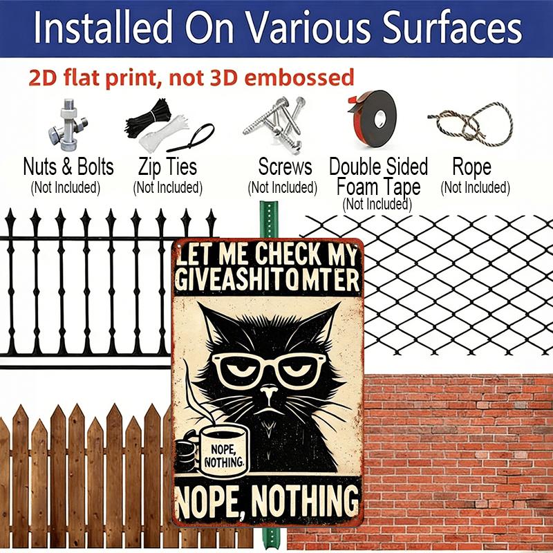 2D Flat, Vintage Metal Wall Sign - Aluminum Decorative Plaque Sign- Funny "Let Me Check My Giveashittometer" with Glasses & Coffee Cup Design