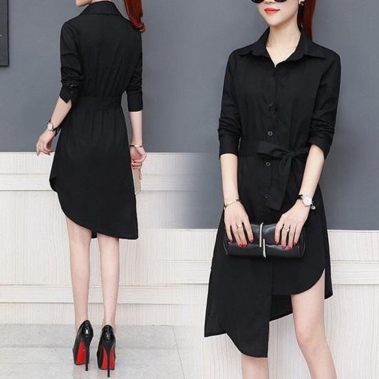 Women Shirt Long Sleeve All Match Loose Commute Mild-length Dressing Up Polyester Irregular Tied Belts Lady Shirt Female Clothing