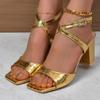 Женские босоножки на высоком каблуке золотистого и серебристого цвета, летние, новые женские босоножки на толстом каблуке с квадратным носком, женские туфли-лодочки с пряжкой на щиколотке, женские